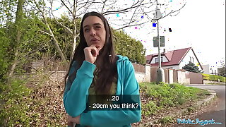Public Agent Brunette jogger with a great ass measures a big cock before fucking it